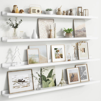 48" White Floating Nursery Shelves (Set Of 4) – Long Wooden Floating Shelves For Kids' Library – Safety Front Lip Wall Storage For Toys, Books, And Nursery Decor