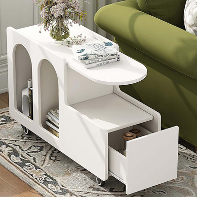 Table de bout mobile avec roulettes verrouillables ON-TREND, table d'appoint de style crème avec tiroir de rangement, table de chevet étroite de 11,8 pouces avec rangement multicouche, salon, blanc
