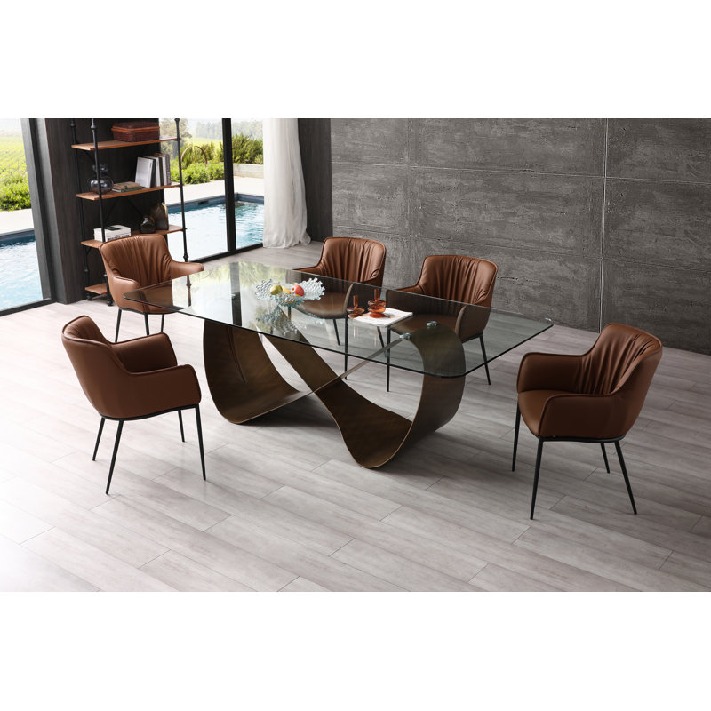 Glass Top Metal Base Dining Table, Clear/Brown