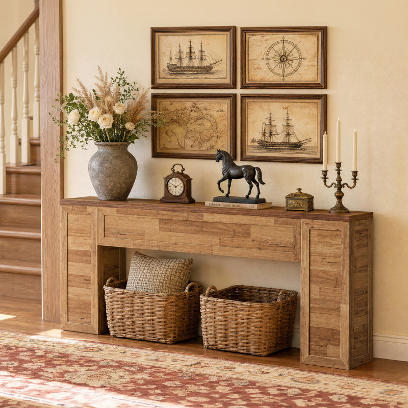 Console extra longue 79 po pour salon, table de ferme avec grain de bois patchwork chaleureux