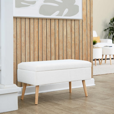 Banc contemporain en bois naturel et tissu crème, couvercle rabattable, pieds solides, largeur de produit de 31 po, hauteur de 16,72 po, limite de poids de 500 lb, utilisation à l'intérieur seulement, banc d'assemblage requis, bois, élégant