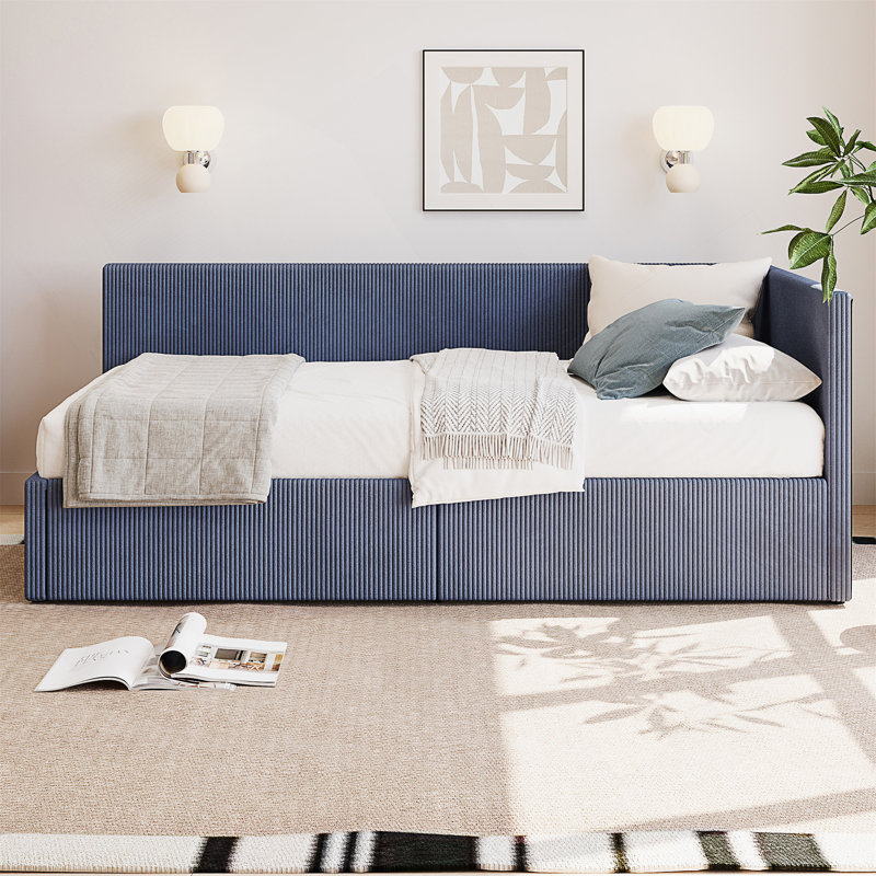Twin Size L Shape Corner Bed, Corduroy Upholstered Daybed, Blue