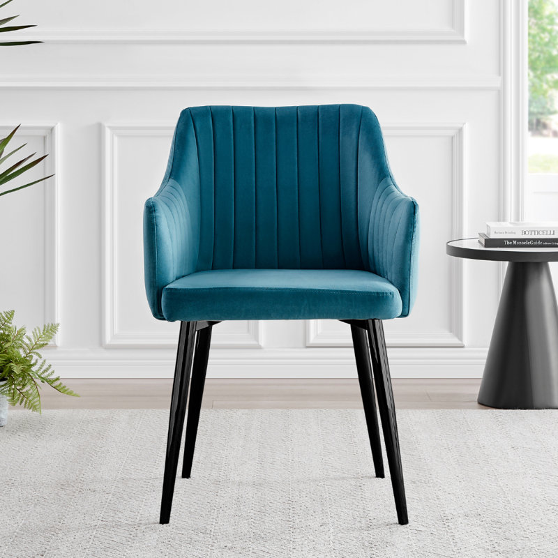 Calley Velvet Bucket Tub Chairs with Tapered Metal Legs and Vertical Stitching, Black, Blue