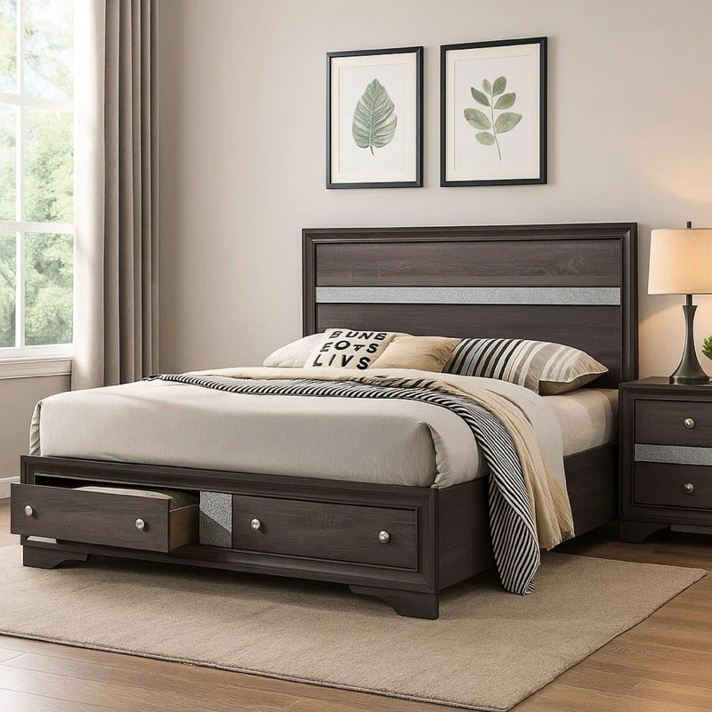 Ensemble de chambre à coucher 4 pièces Isy, boutons décoratifs argentés, gris contemporain, Grand