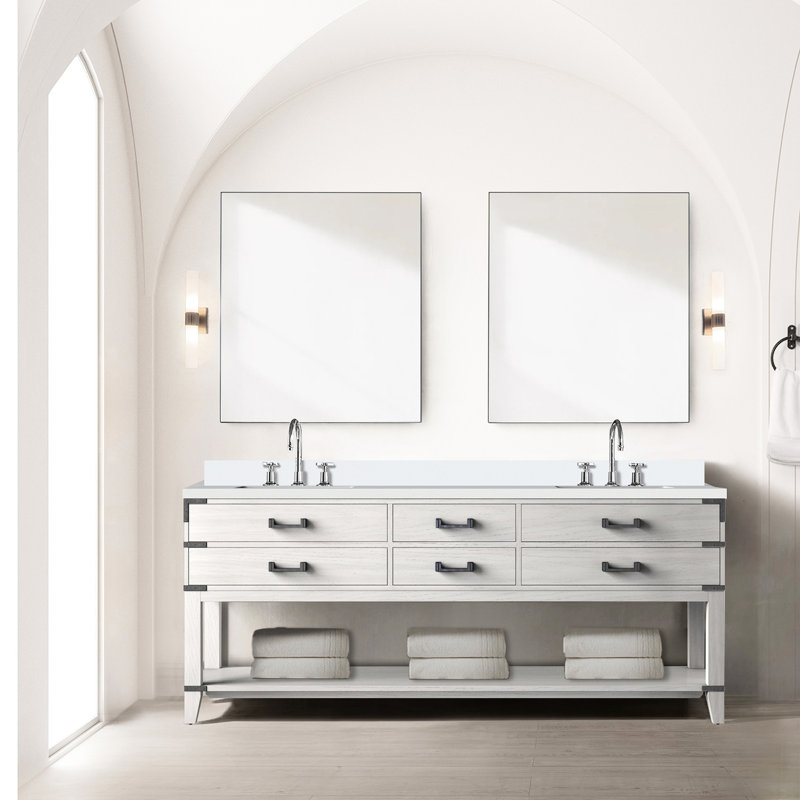 Meuble-lavabo double en chêne blanc 80 po X 22 - comptoir en marbre de culture, bois massif, fermeture en douceur, 4 tiroirs et armoire ouverte pour un magnifique rangement pour salle de bain avec dessus en P, fabrication en bois, calme