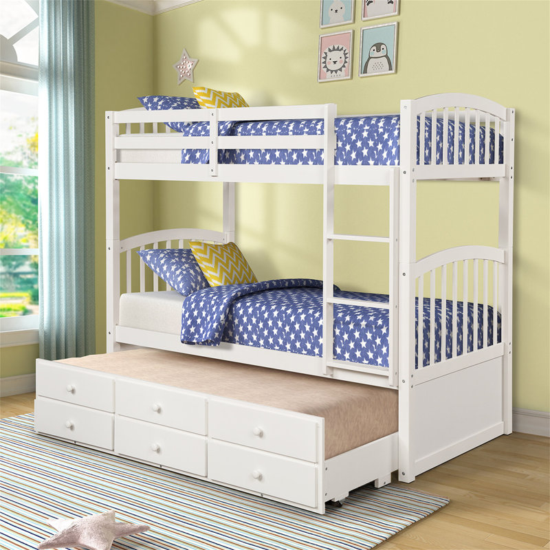 Twin Bunk Bed with Ladder, Safety Rail & Twin Trundle Bed with 3 Drawers, White Bed Frame for Teens & Guests, White