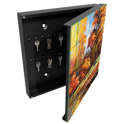 Wall mounted key box, Opens to the right, 30x30x5, Black, Colorful autumn landscape with reflection in the water, 