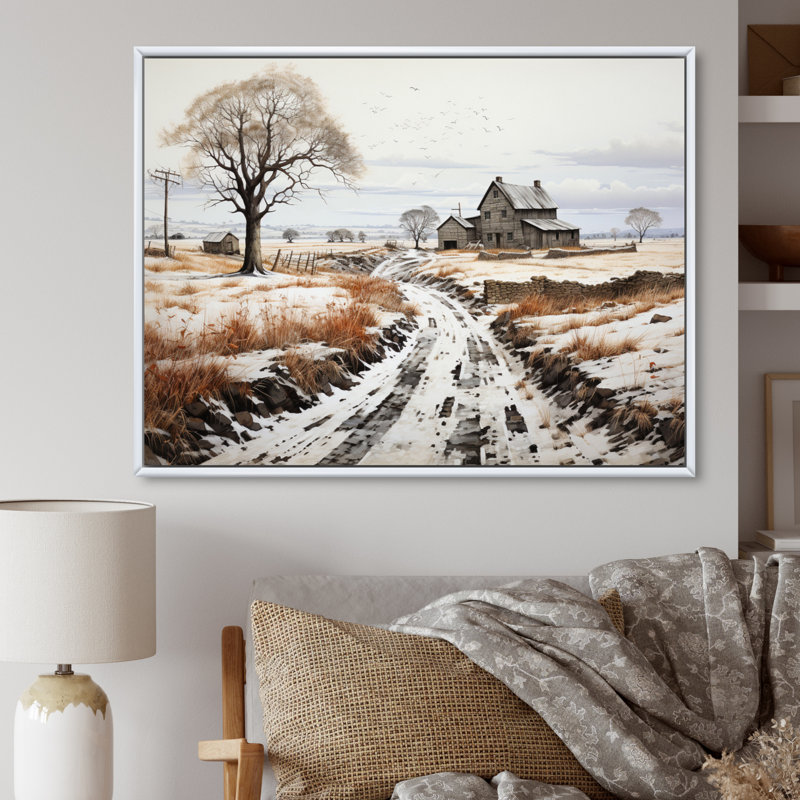 " Winter Farm Monochrome Harvest I ", H 30 po x l 40 po x P 1,5 po, Cadre flottant blanc