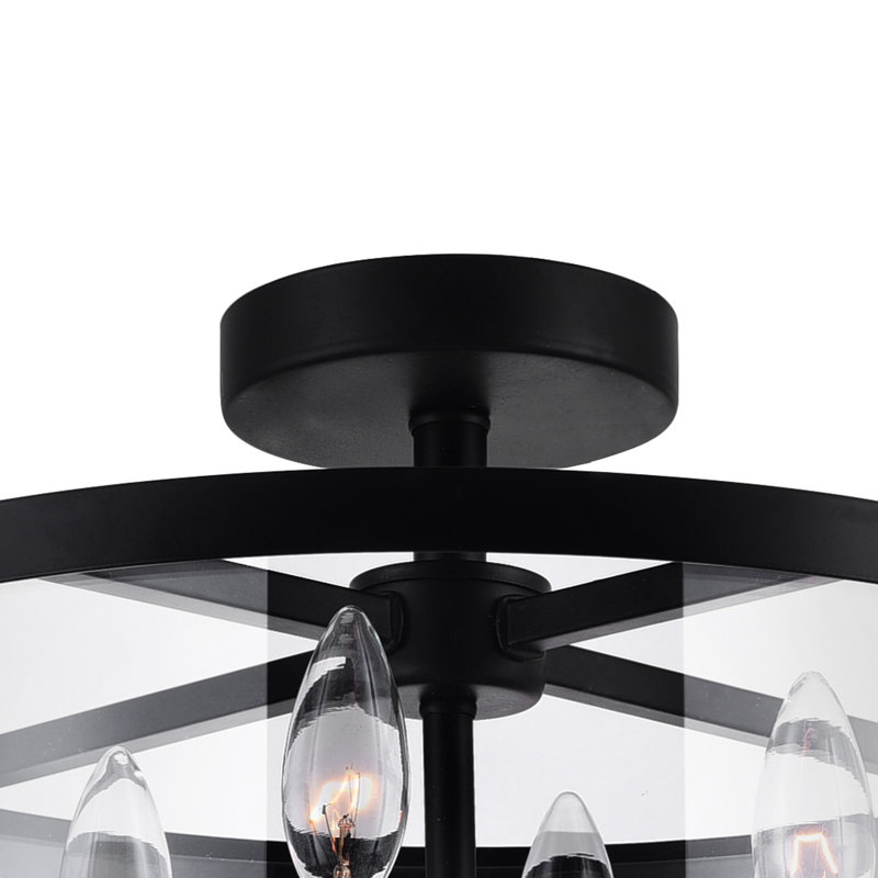 4-Light Black Flush Mount Ceiling Light - 18" Round Cage Fixture with Clear Glass, Candelabra Base, Modern & Rustic Lighting for Bedroom, Kitchen, Entryway