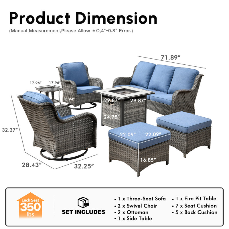 Wicker/Rattan 5 - Person Seating Group With Cushions, Gray Frame/Blue Cushion