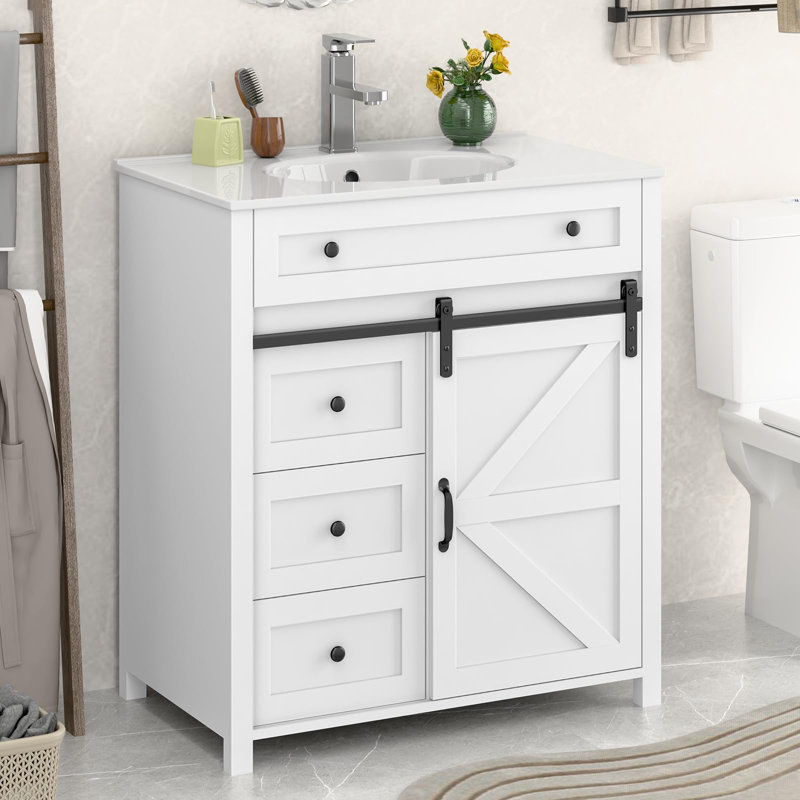 Bathroom Vanity With Sink Faucet Combo, White, 29"