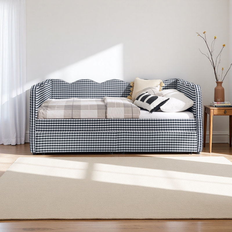 Cozy Gingham Daybed With Two Storage Drawers, With USB Port And Adorable Wave Shaped, Blue, Full/Double