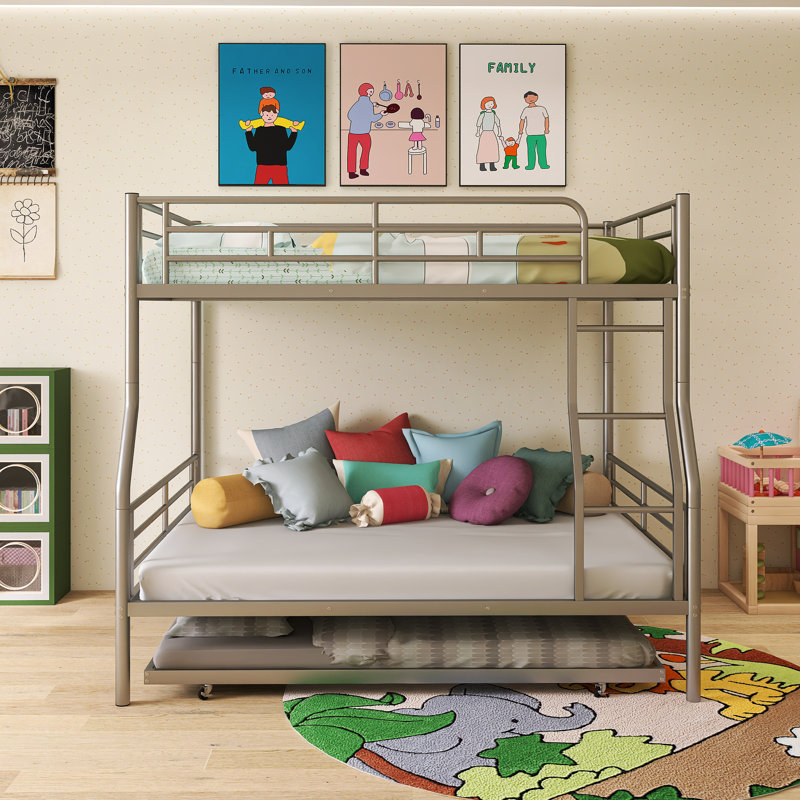 Metal Frame Full XL Over Queen Size Bunk Bed With Trundle, Silver