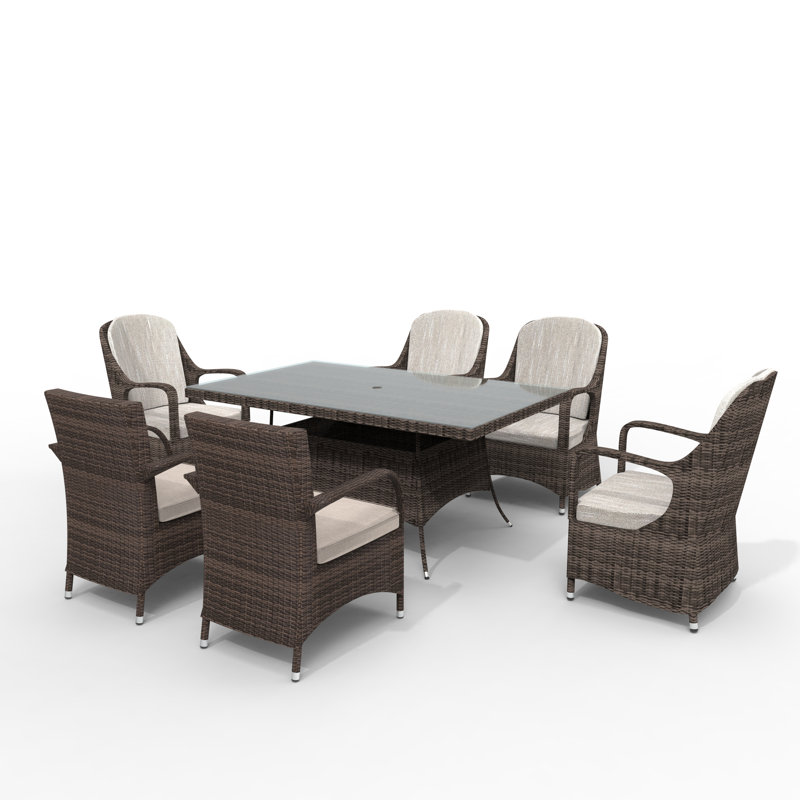 Algird 6 - Person Wicker Patio Dining Set with Rectangular Table , Cushions Included, Brown