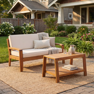  Ensemble de conversation d'extérieur en bois d'acacia 2 pièces, causeuse et table basse résistantes aux intempéries, teck et beige