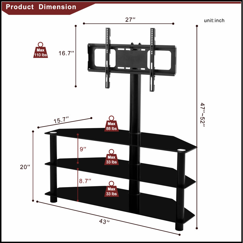 Multi-function TV Stand with Height Adjustable Bracket and Swivel 3-Tier Shelves for Optimal Viewing and Storage
