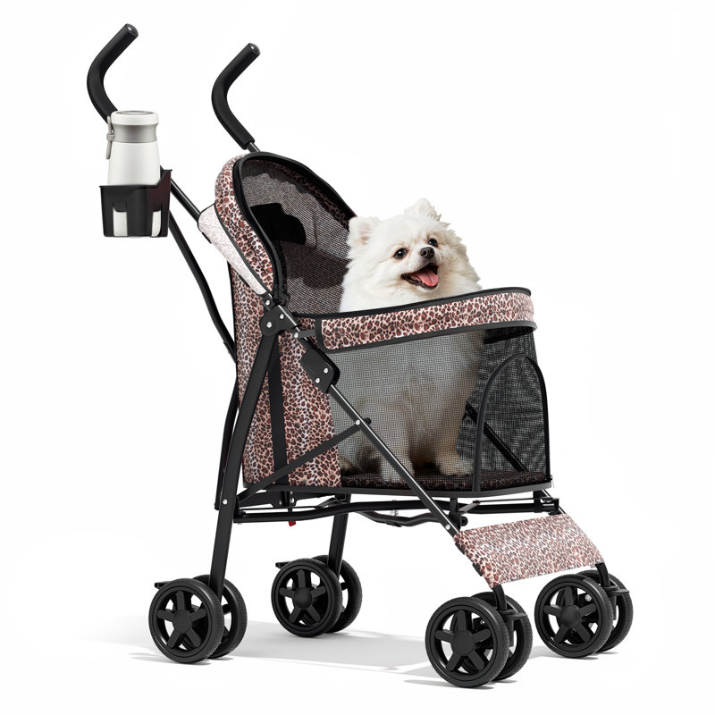 Poussette pliante à 4 roulettes pour animal de compagnie, poussette pliable pour chien et jogger, Noir / brun