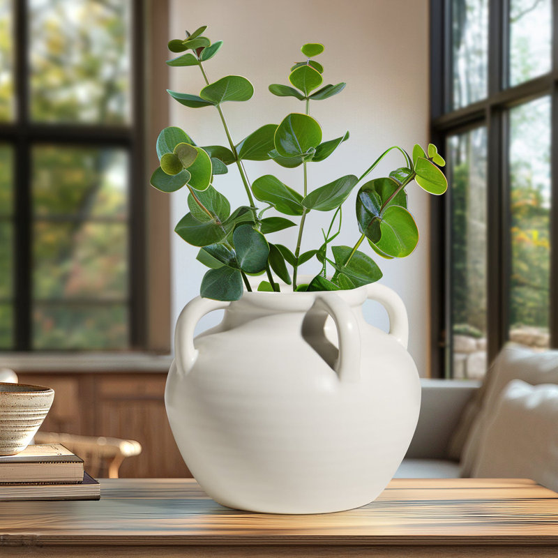 Vase en céramique blanc mat 6 "avec poignées Soma, 6 inch, Blanc