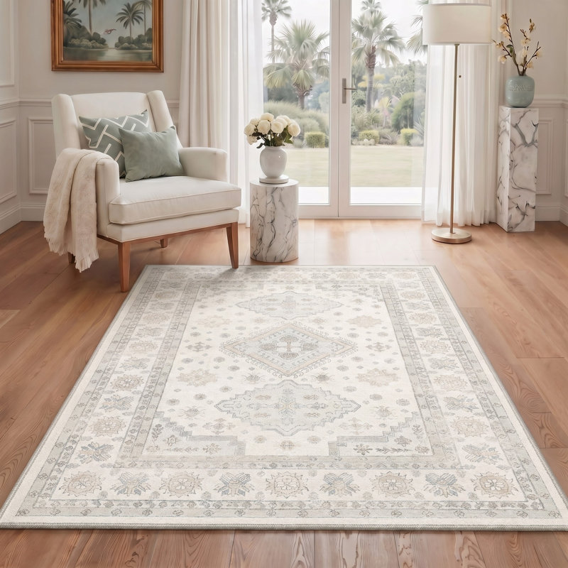 Tapis oriental oriental lavable à la machine avec envers antidérapant, Beige, Rectangle 9 pi x 12 pi
