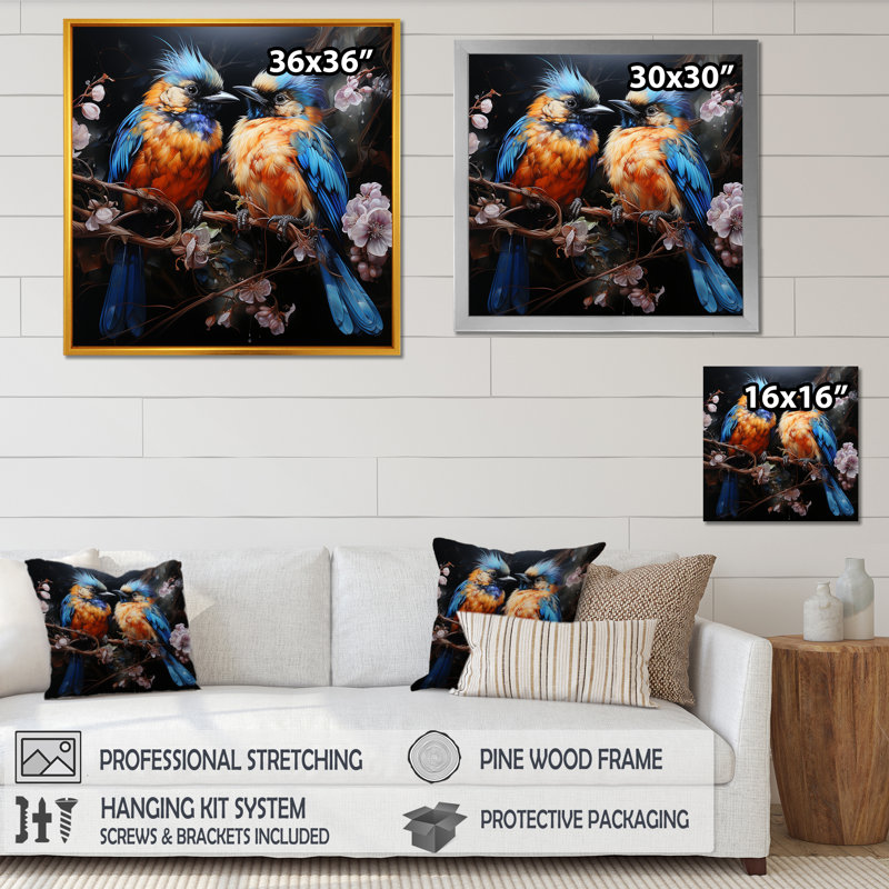 «Blue and Orange Birds Symphony», art mural animaux, Cadre photo noir, H 16 po x l 16 po x P 1 po