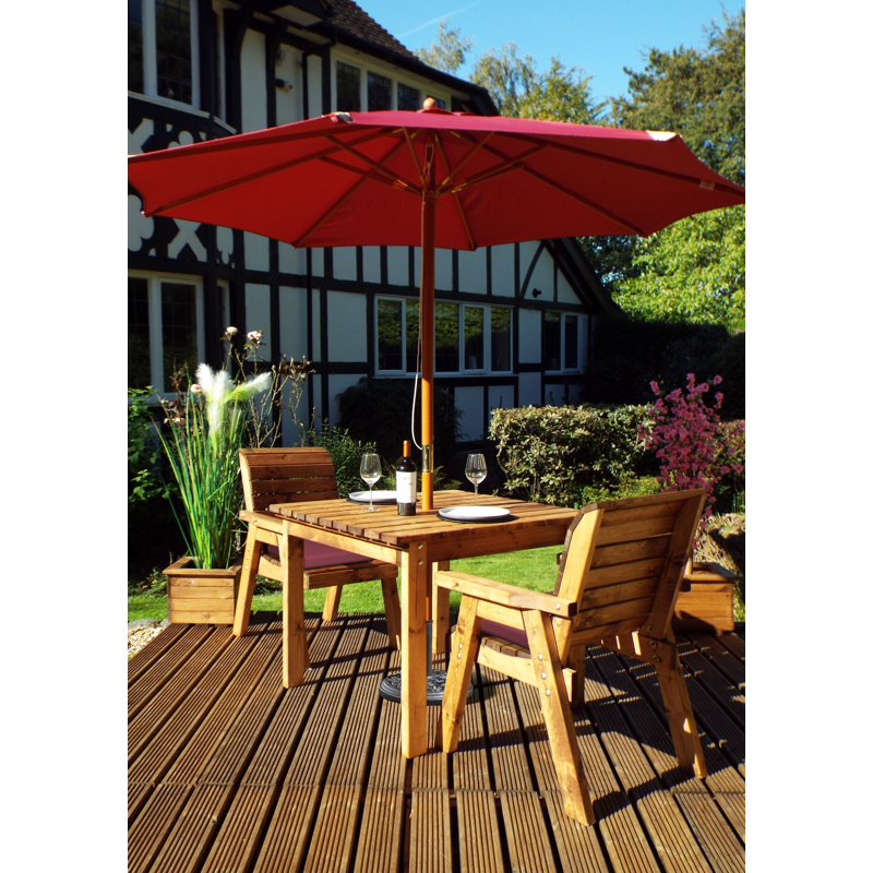 France 2 - Person Solid Wood Patio Dining Set Umbrella Hole Included Square Table with Cushions Included, Burgundy