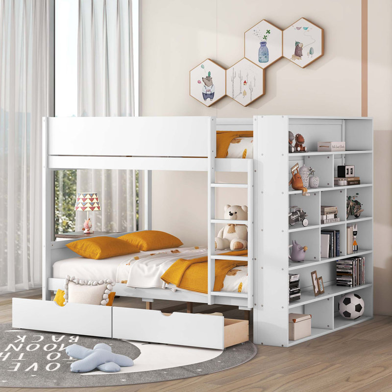 Lit superposé avec 2 tiroirs et armoire à couches multiples, Blanc, Complète