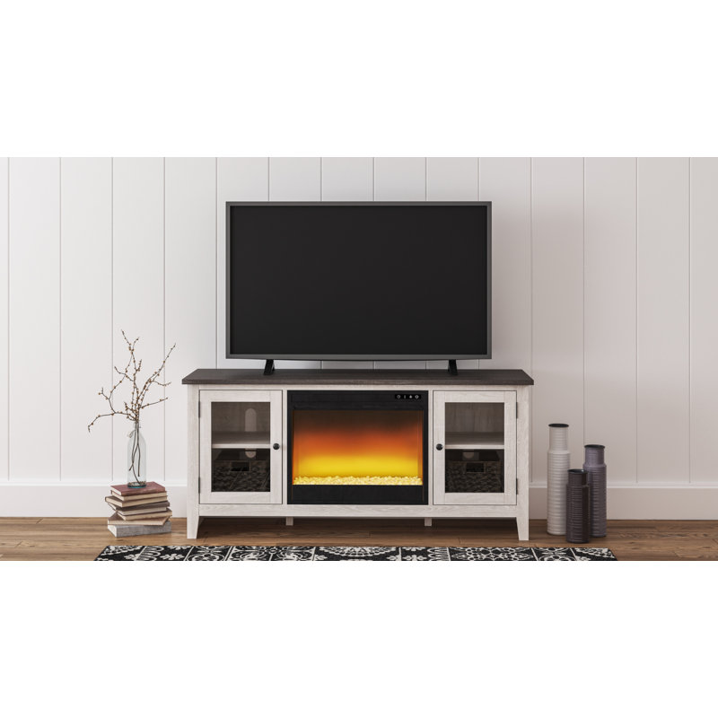 Meuble télé avec foyer pour téléviseur de 65 po ou moins Jamima, Blanc antique / gris foncé