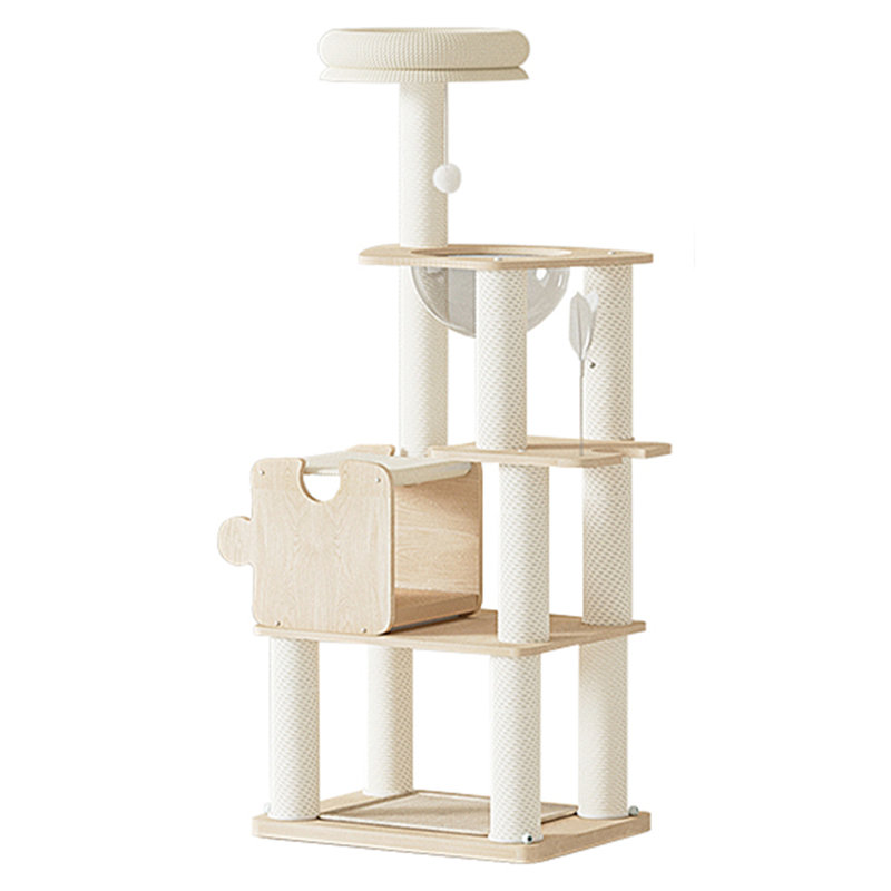 Arbre à chat minimaliste en bois massif avec nid de chat en sisal et velours côtelé pour un usage domestique