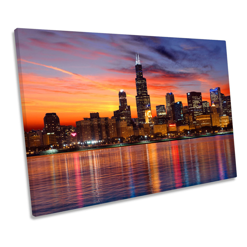 Chicago Skyline City Sunset - Wrapped Canvas Print
