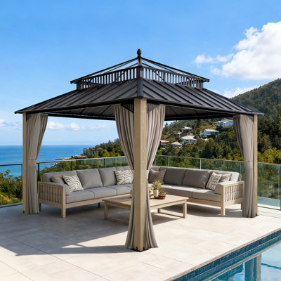 SUNJOY Kingston 12x12 Gazebo, Steel & PC Roof Hardtop Gazebo with Curtain and Netting - Cedar Posts