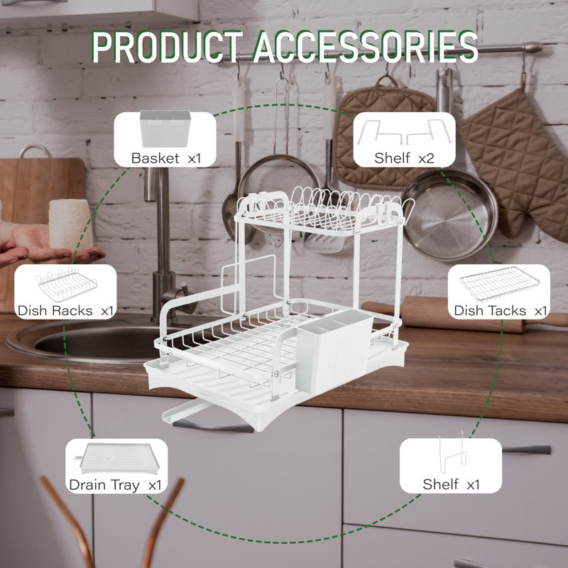 BAOKALER 2 Tier Dish Drying Rack, H-Shaped Dish Drainer for Kitchen, White