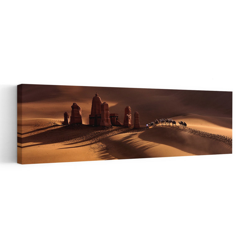 Golden Desert Caravan 1 Piece Wrapped Canvas Panoramic Wall Art, 30.48 cm H x 91.44 cm W
