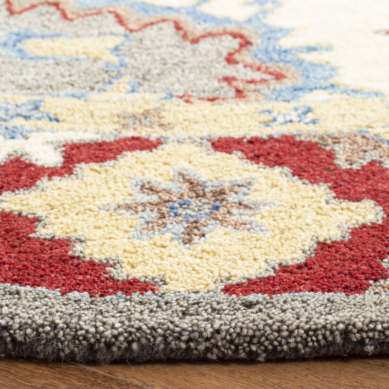 Tapis rouge / ivoire / bleu en laine / coton touffeté à la main Armintha, Tapis de couloir 2 pi 3 po x 8 pi