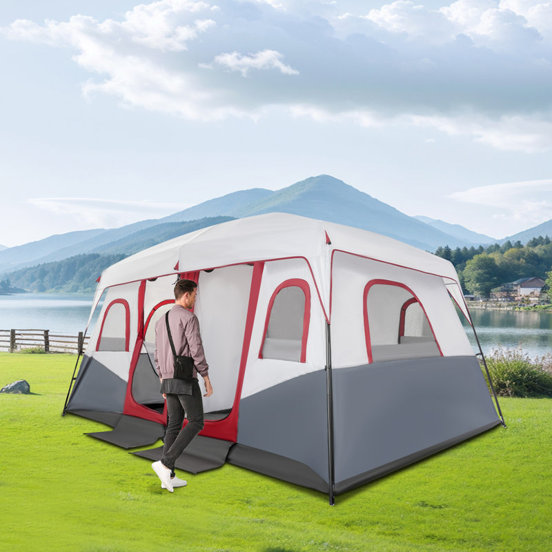 12-Person Large Camping Tent 14X10 Ft Heavy-Duty Outdoor Tent With Waterproof Rainfly, 2 Rooms, 6 Windows & Carry Bag