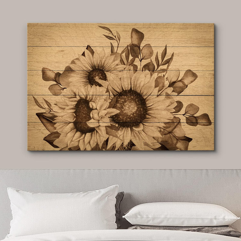 Panneau de tournesol effet bois rétro rétro classique sépia tournesols floraux sur toile, H 32 po x l 48 po x P 1,5 po