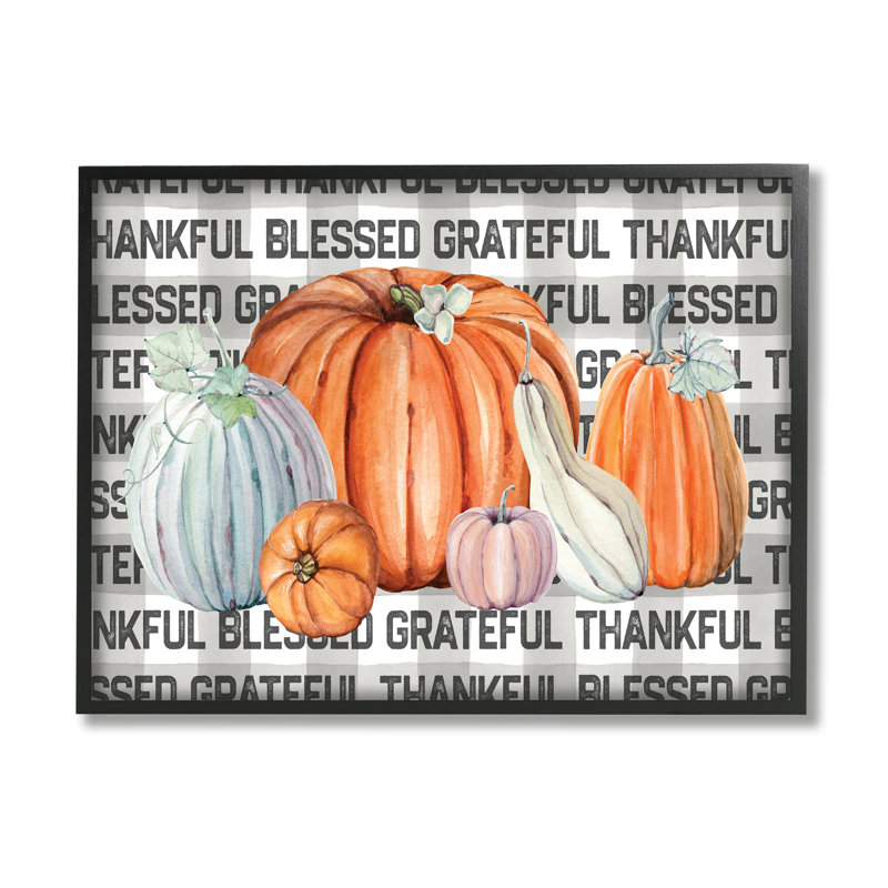 «Thankful Grateful», citrouilles de ferme écossaises grises - peinture, Giclée encadrée noir minuit, H 16 po x l 20 po
