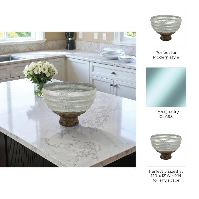 Handmade Glass Decorative Bowl, 9" H x 12" W x 12" D, Champagne Silver