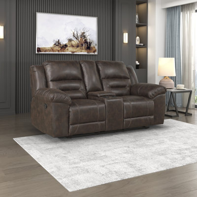 Hamisi 81" Transitional Polished Microfiber Manual Double Reclining Loveseat with Center Storage Console & Integrated Cup Holders