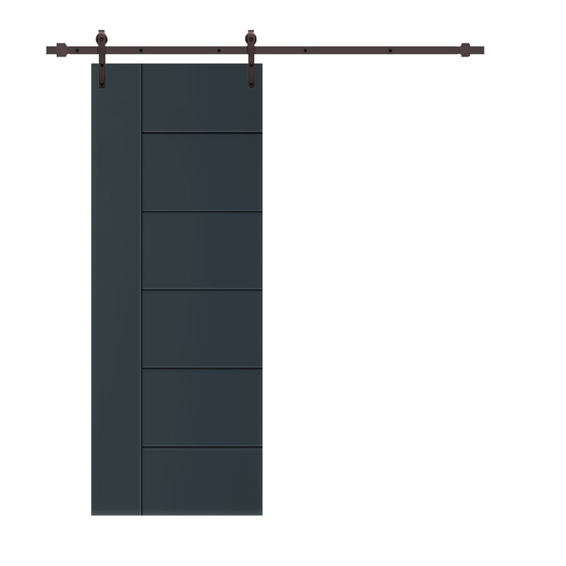 Metropolitan Panelled Dignity Blue Stained Composite Mdf Barn Door Slab With Hardware Kit, 30" x 80", Grey, Matte Black