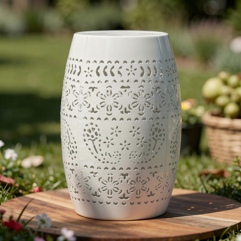 Outdoor Side Table, Lace Cut, 12 Inch Round Top W White Barrel Base, White