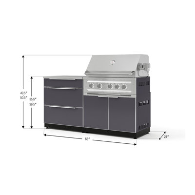 Ensemble de cuisine extérieure en aluminium gris ardoise, composé de 4 éléments : armoire à 3 tiroirs, armoire à barbecue, barbecue au gaz naturel Platinum de 91 cm et comptoir en acier inoxydable de 81 cm.