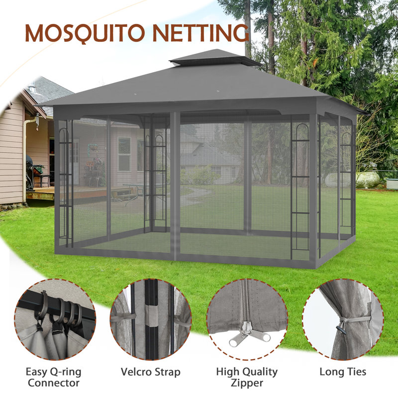 Gray 13x11 Metal Patio Gazebo with Mosquito Netting
