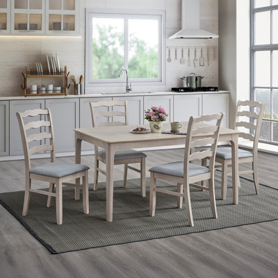 ACTU-Wood Rectangular Dining Table with Upholstered Ladder-Back Chairs Set for 4, White Wash Color