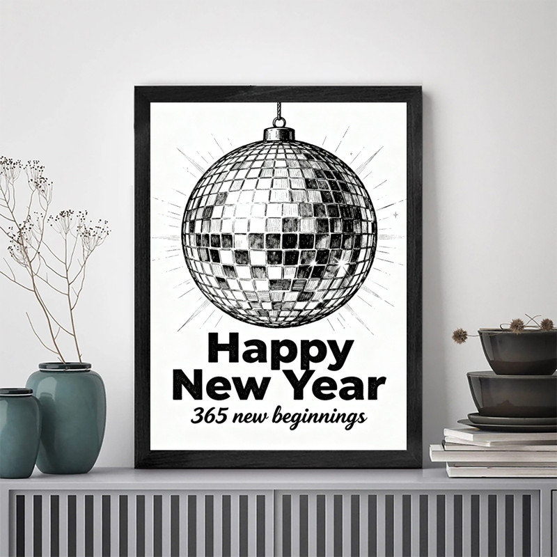 Impression encadrée noire encadrée noire Happy New Year Disco, H 17 po x l 13 po