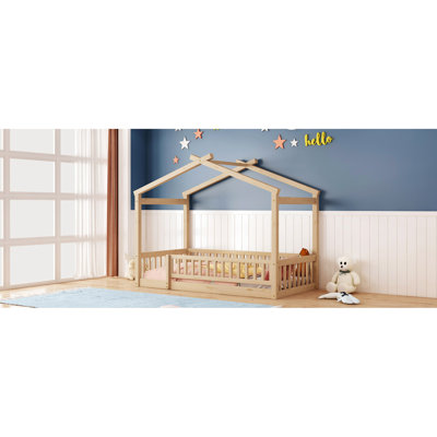 Twin Size ' Bed - Natural Wood Frame With Fence & Stable Sleep 'S House Fun Area