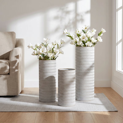Vase de sol décoratif haut en métal à motif de feuilles d'or blanc, lot de 3