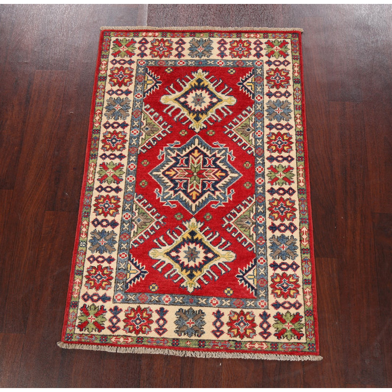 Tapis rouge en laine noué à la main de conception unique 2 pi 7 po x 4 pi 1 po New Age