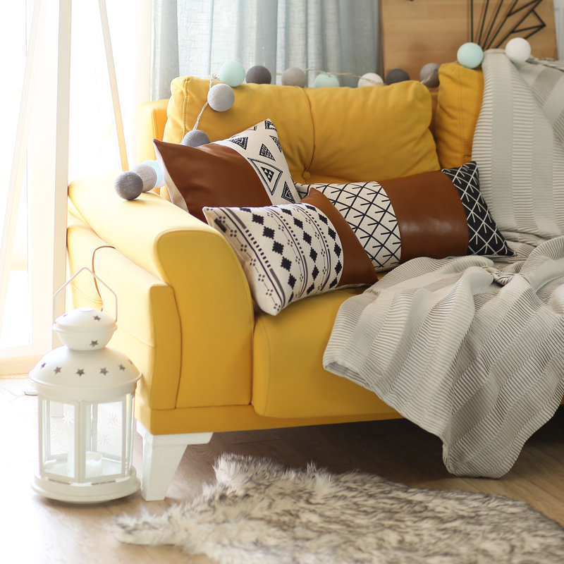 Boho Brown and Ivory Geometric Vegan Leather Lumbar Pillow Covers, 12" x 20", Set of 2