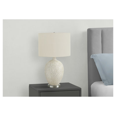 Lampe de table contemporaine 28 po en céramique crème avec abat-jour tambour en lin ivoire et interrupteur à 3 voies - Éclairage décoratif moderne pour le salon, la chambre à coucher et le bureau personnel
