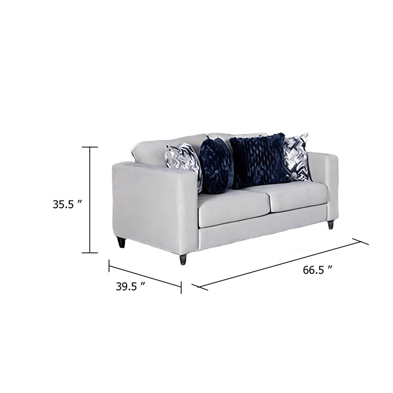 Causeuse Harie, 4 coussins décoratifs bleus, chenille gris clair, 67 pouces